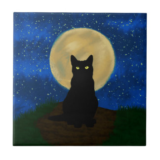 ハロウィン 黒猫 月夜のシルエット タイル