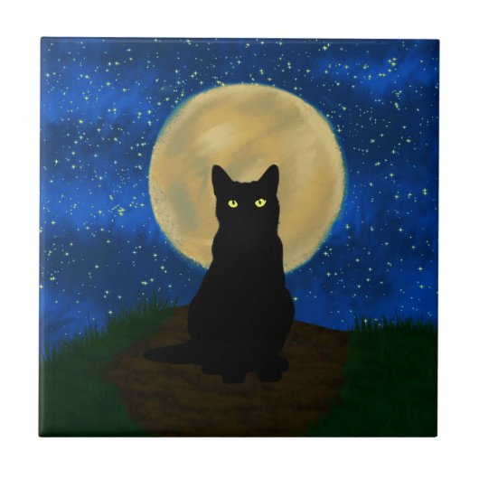 ハロウィン 黒猫 月夜のシルエット タイル (正面)