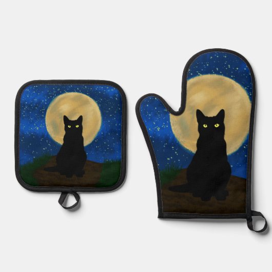 ハロウィン 黒猫 月夜のシルエット 鍋つかみ&鍋敷きセット (正面)