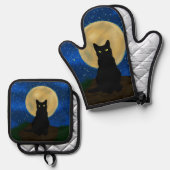 ハロウィン 黒猫 月夜のシルエット 鍋つかみ&鍋敷きセット (正面/裏面)