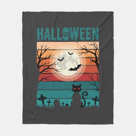 ハロウィン 黒猫 月 墓地 レトロ ベクター デ フリースブランケット (正面)