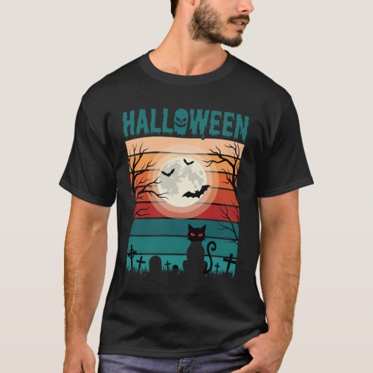 ハロウィン 黒猫 月 墓地 レトロ ベクター デ Tシャツ (正面)