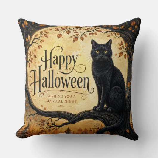ハロウィン 黒猫 満月 ツリー クッション (正面)