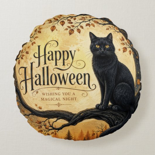 ハロウィン 黒猫 満月 ツリー ラウンドクッション (正面)