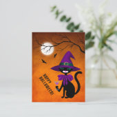 ハロウィン 黒猫 紫の魔女の帽子 月 シーズンポストカード (スタンド正面)