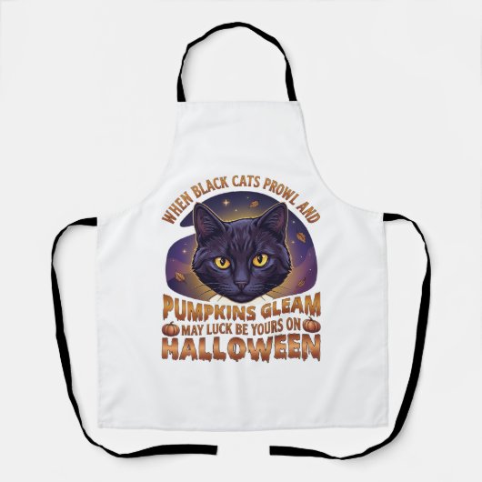 ハロウィン 黒猫 落ち葉 かぼちゃ輝く_ エプロン (正面)