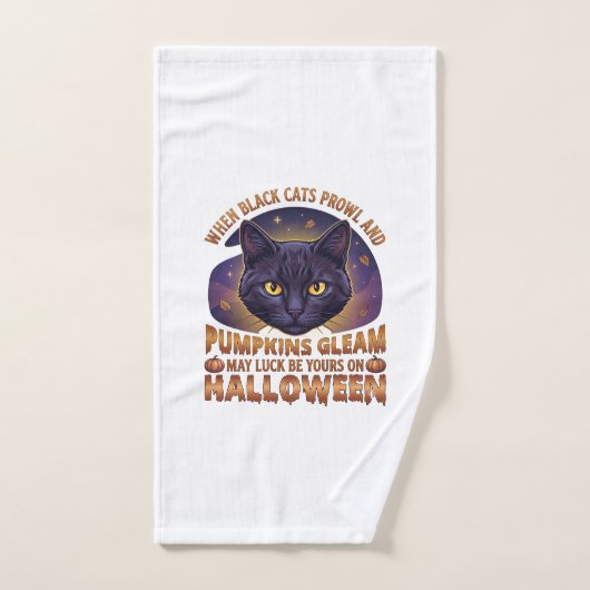 ハロウィン 黒猫 落ち葉 かぼちゃ輝く_ ハンドタオル (ハンドタオル)