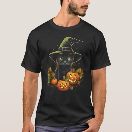 ハロウィン 黒猫 魔女の帽子 ジャックオーランタン パンプキン Tシャツ (正面)