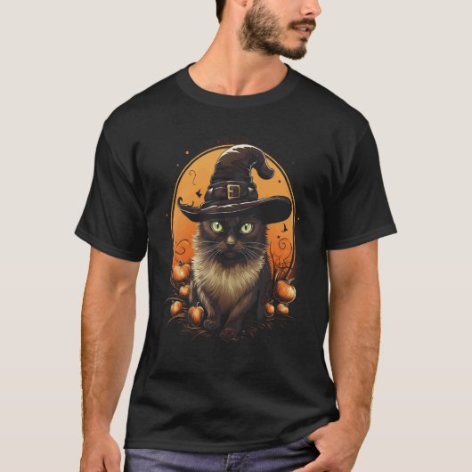 ハロウィン 黒猫 魔女 帽子 月 パンプキン コスチューム Tシャツ (正面)