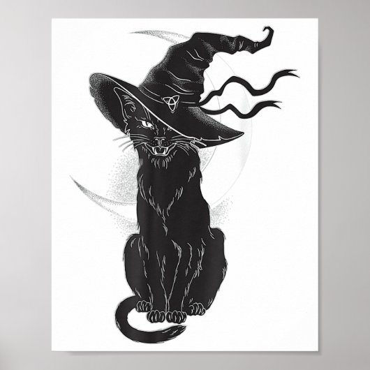ハロウィン 黒猫 魔女 帽子 月 ポスター (正面)