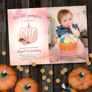 ハロウィン　1歳の誕生日　ローズゴールドグリッター写真 招待状