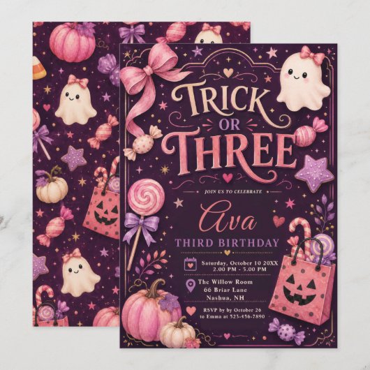 ハロウィン+3歳の誕生日招待状 招待状 (正面/裏面)
