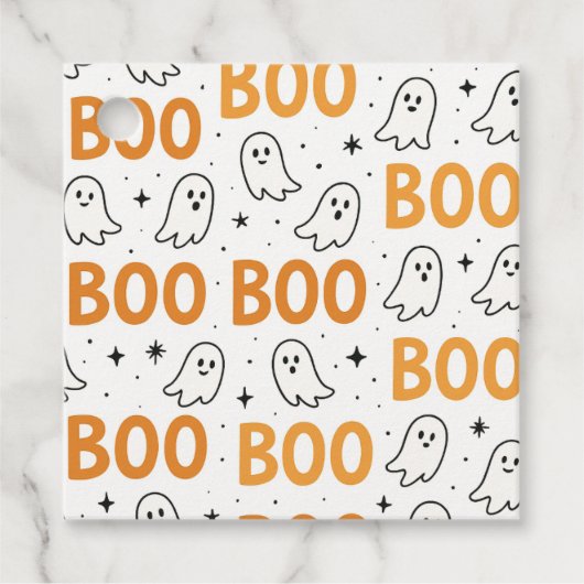 ハロウィン BOOタイポグラフィ 遊び心あふれる白い幽霊 フェイバータグ (正面)