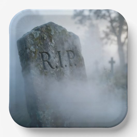 ハロウィン R.I.P. 墓石と霧 ペーパープレート (正面)
