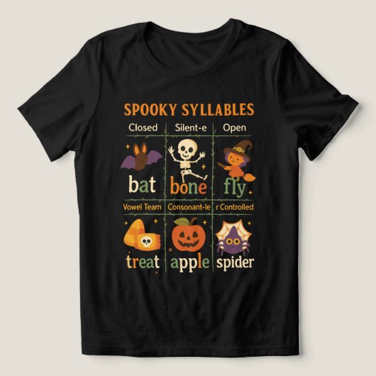ハロウィン “Spooky Syllables” ポスター – 楽しい教室 トライブレンドTシャツ (デザイン正面)