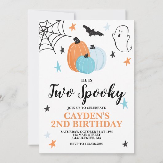 ハロウィン TWO スプーキ 2歳の誕生日 青いパンプキン 招待状 (正面)