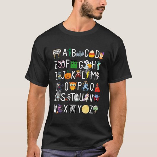 ハロウィンABC学習幼稚園の先生の面白いデザイン Tシャツ (正面)