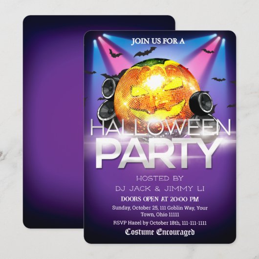 ハロウィンDJパーティー ディスコボール パンプキン スプーキー 招待状 (正面/裏面)