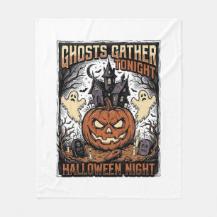 ハロウィンTシャツ 幽霊とカボチャのヴィンテージアート フリースブランケット