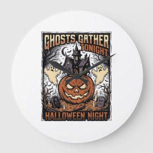 ハロウィンTシャツ 幽霊とカボチャのヴィンテージアート ラージ壁時計