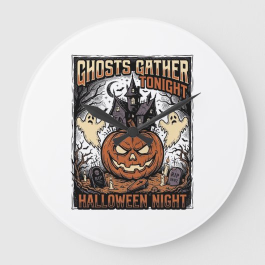 ハロウィンTシャツ 幽霊とカボチャのヴィンテージアート ラージ壁時計 (正面)