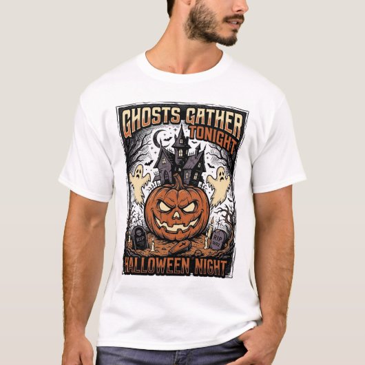 ハロウィンTシャツ 幽霊とカボチャのヴィンテージアート Tシャツ (正面)