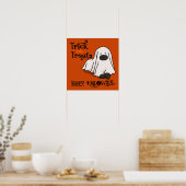 ハロウィーンおもしろい可愛いお洒落幽霊ドッグオレンジ ポスター (キッチン)