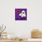 ハロウィーンおもしろい可愛いお洒落幽霊ドッグパープル ポスター (キッチン)