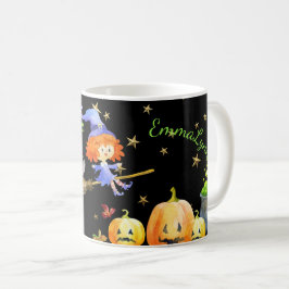 ハロウィーンおもしろい紫飛んでいる魔女ブロムグリーン名 コーヒーマグカップ