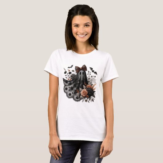 ハロウィーンおもしろいTシャツ – レース幽霊- Blk2 -秋 Tシャツ (正面フル)