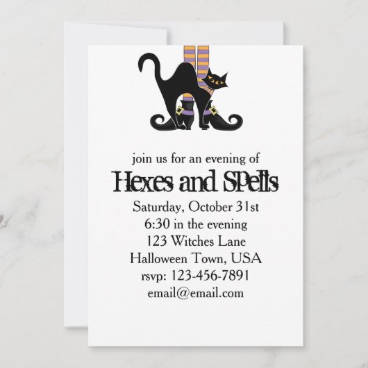 ハロウィーンお洒落かわいい魔女シューズ黒猫 招待状 (正面)