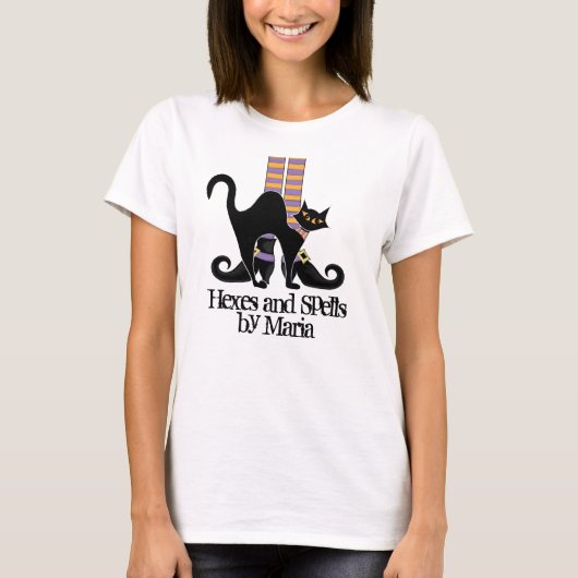 ハロウィーンお洒落かわいい魔女シューズ黒猫 Tシャツ (正面)