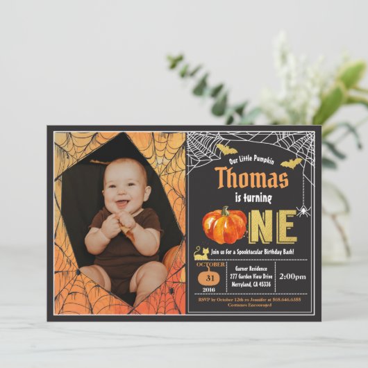 ハロウィーンかぼちゃ男の赤ちゃん1st birthday photo 招待状 (スタンド正面)