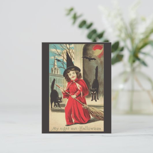 ハロウィーンかわいいおもしろいヴィンテージ魔女 ポストカード (スタンド正面)