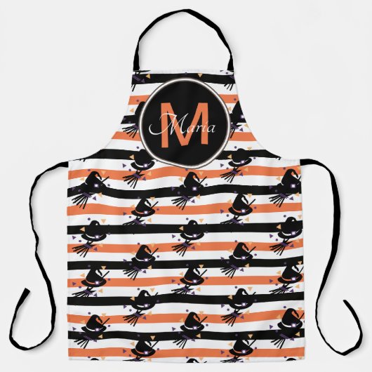 ハロウィーンかわいいウィッチストライプメンズオレンジブラックモノグラム エプロン (正面)