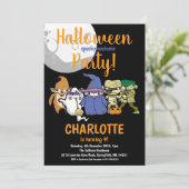 ハロウィーンかわいいキャラクターズムーン子供の誕生日パーティー 招待状 (スタンド正面)