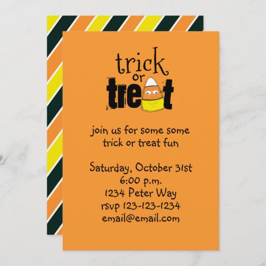 ハロウィーンかわいいキャンディーコーンのトリックまたはおもしろい治療 招待状 (正面/裏面)
