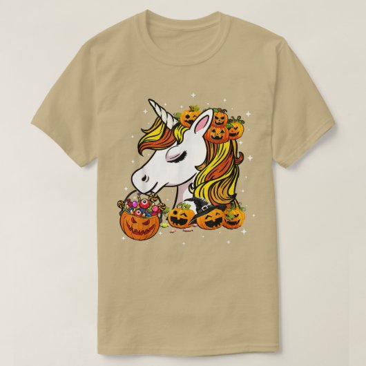 ハロウィーンかわいいキャンディーコーンUnicornハロウィーンかぼちゃ Tシャツ (デザイン正面)