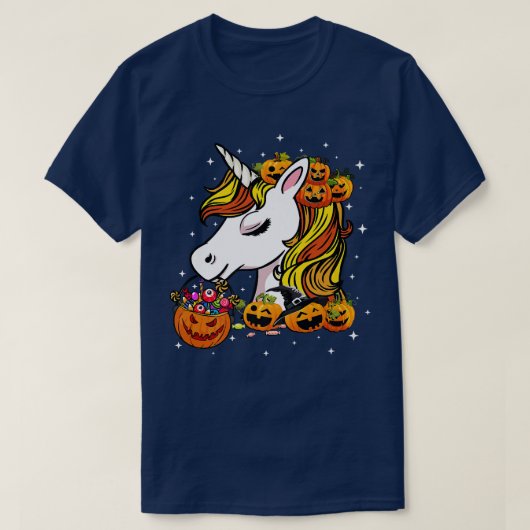 ハロウィーンかわいいキャンディーコーンUnicornハロウィーンかぼちゃ Tシャツ (デザイン正面)