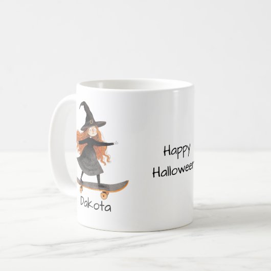 ハロウィーンかわいいスケートボードウィッチパーソナライズド コーヒーマグカップ (正面左)