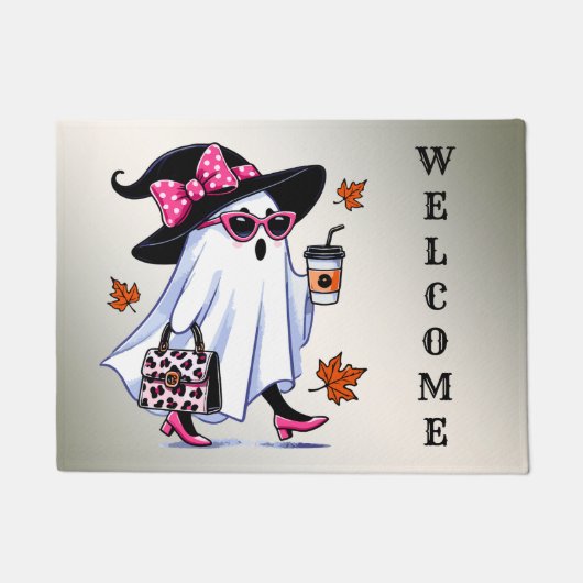 ハロウィーンかわいいスタイリッシュ魔女幽霊コーヒーカップ ドアマット (正面)