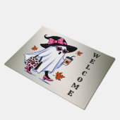 ハロウィーンかわいいスタイリッシュ魔女幽霊コーヒーカップ ドアマット (アングル)