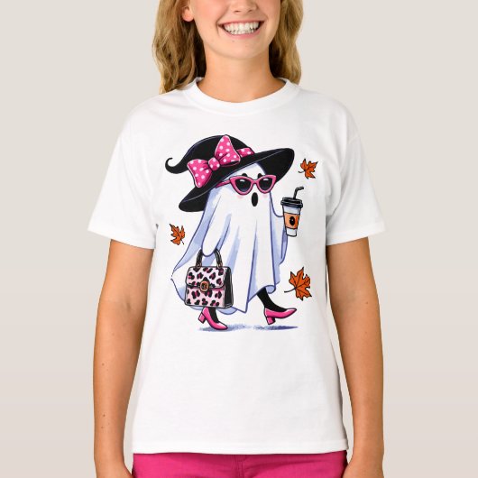 ハロウィーンかわいいスタイリッシュ魔女幽霊コーヒーカップ Tシャツ (正面)