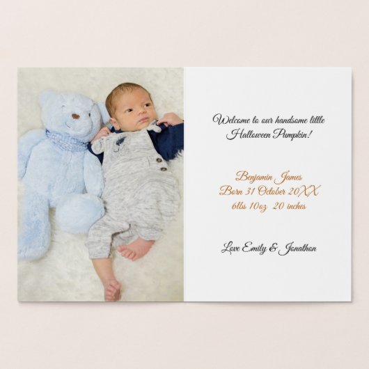 ハロウィーンかわいいスプック写真男の赤ちゃん発表 箔カード (内部)
