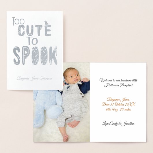 ハロウィーンかわいいスプック写真男の赤ちゃん発表 箔カード (ディスプレー)