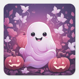 ハロウィーンかわいいピンク幽霊とオレンジカボチャ スクエアシール