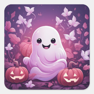 ハロウィーンかわいいピンク幽霊とオレンジカボチャ スクエアシール