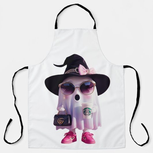 ハロウィーンかわいいレディ幽霊とコーヒー エプロン (正面)