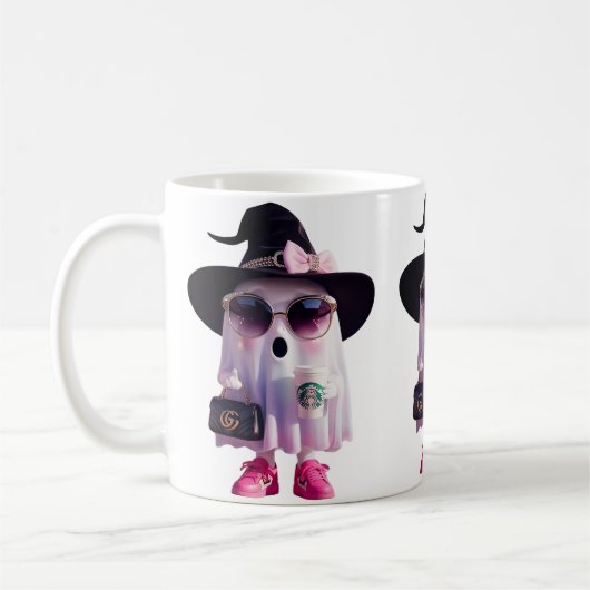 ハロウィーンかわいいレディ幽霊とコーヒー コーヒーマグカップ (左)