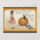 ハロウィーンかわいいヴィンテージカボチャ黒猫ガール ポストカード (正面)